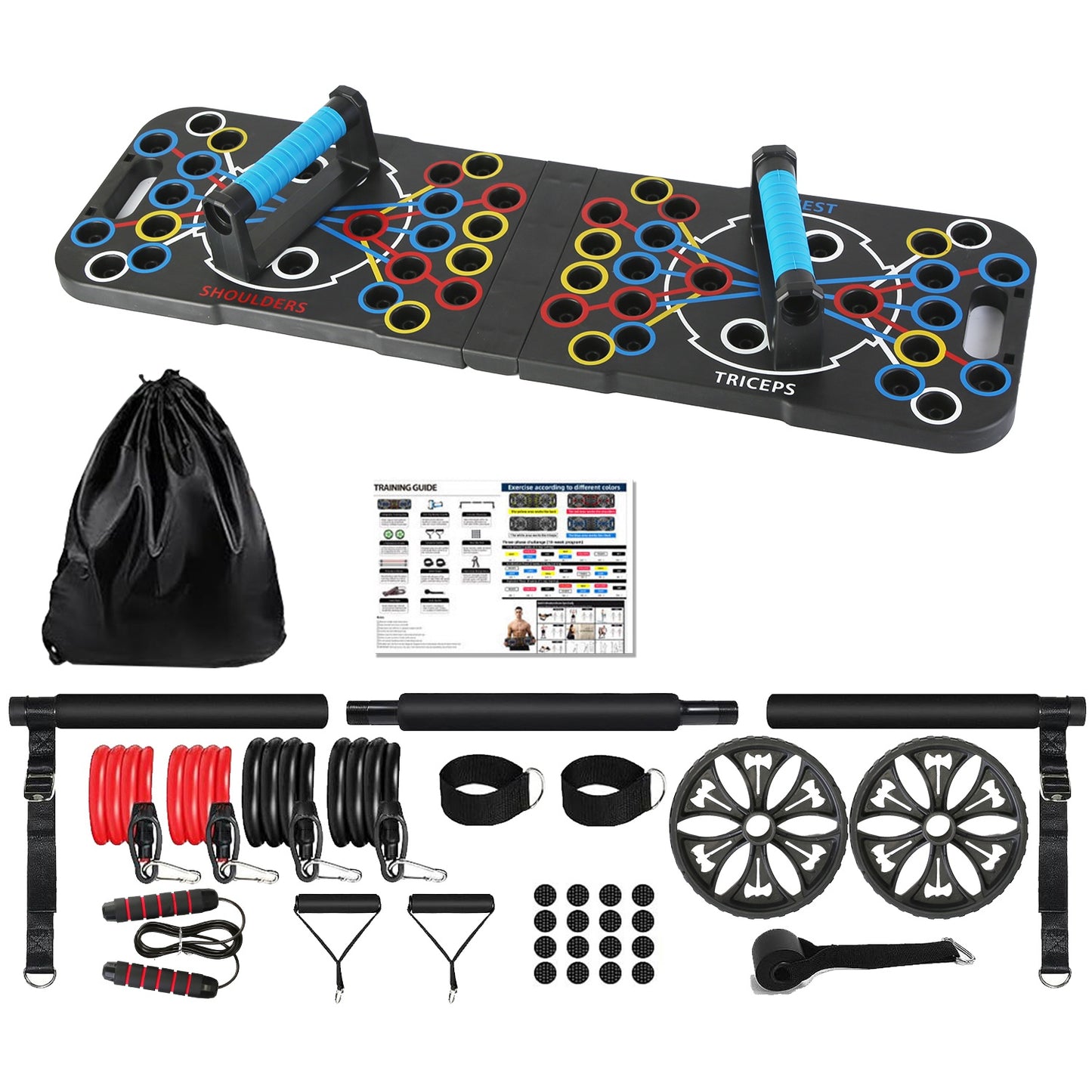 Multifunctional Push Up Board Training Equipment With 15 Fitness Accessories Pilates Bar Resistance Band Roller Wheel Full Body Workout Home Gym Equipment