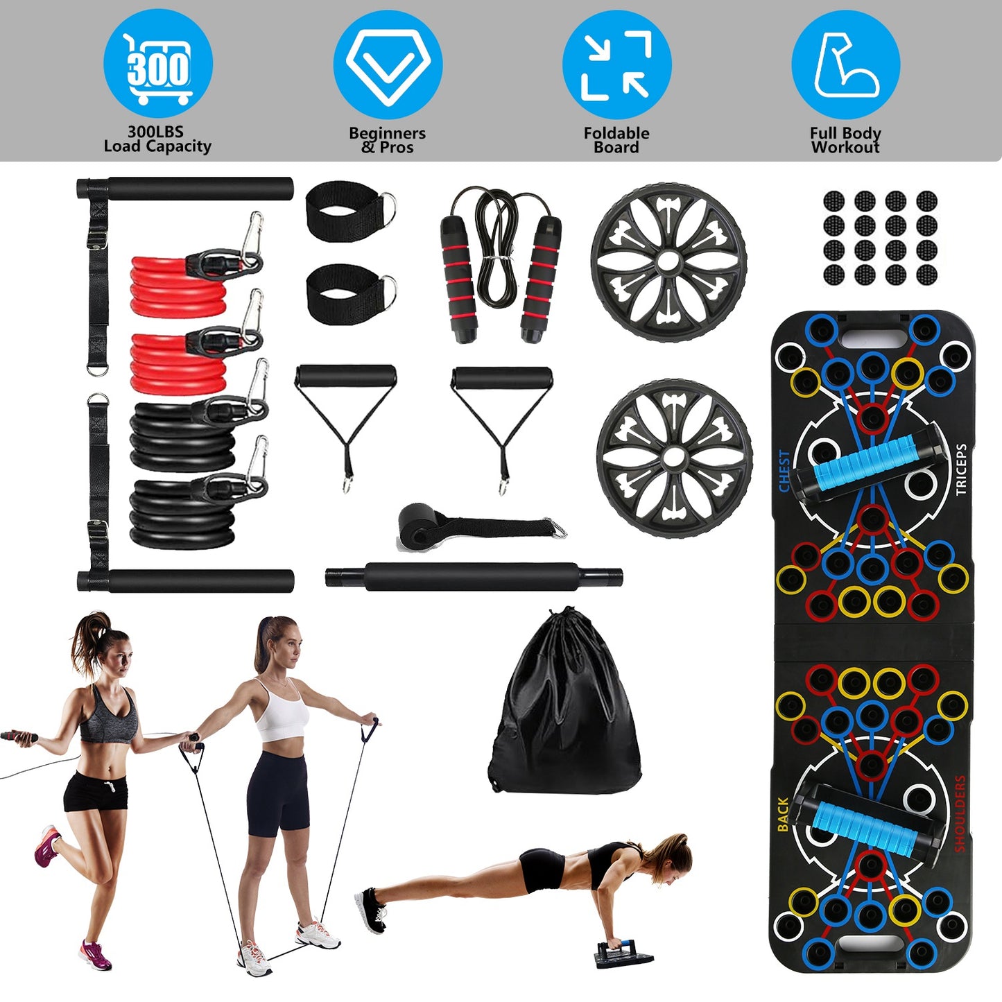 Multifunctional Push Up Board Training Equipment With 15 Fitness Accessories Pilates Bar Resistance Band Roller Wheel Full Body Workout Home Gym Equipment