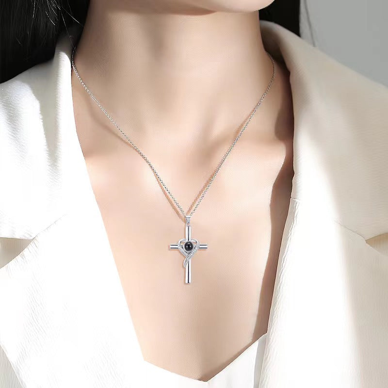 Languages I Love You Projection Necklace Pendant Love Cross Pendant Necklace Memorial Jewelry
